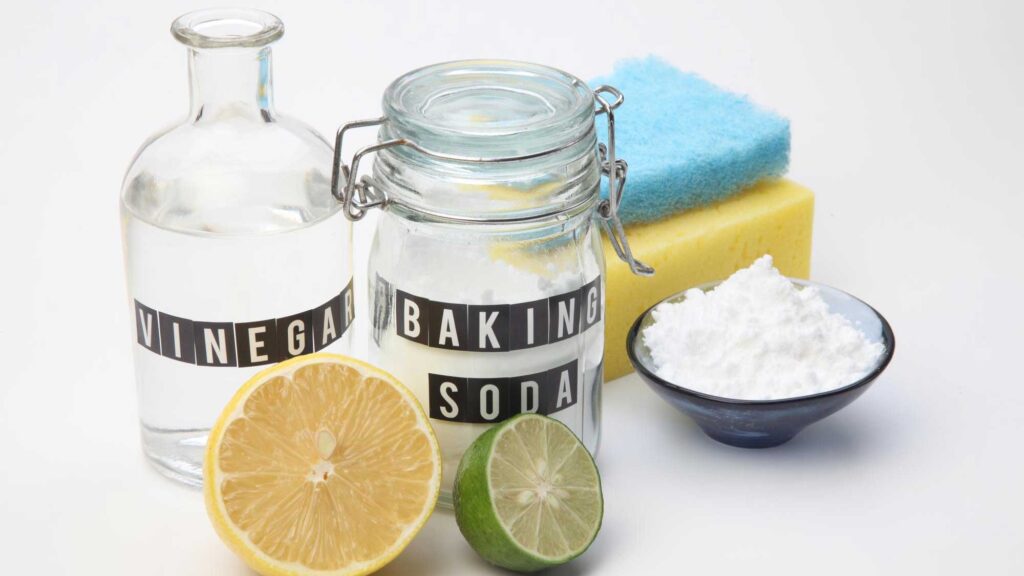 Use vinegar and baking soda to remove hard water stains from toilet bowl.